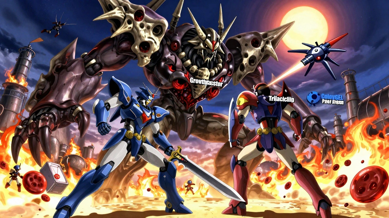 Heroes battling a bone marrow monster in a glowing industrial battlefield