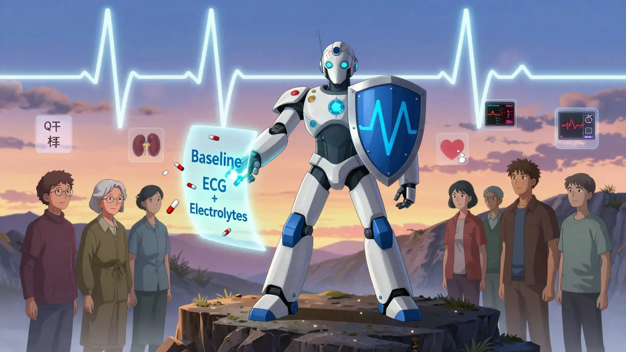 Heroic ECG guardian shielding patients from dangerous pills, with potassium and magnesium icons glowing safely behind.