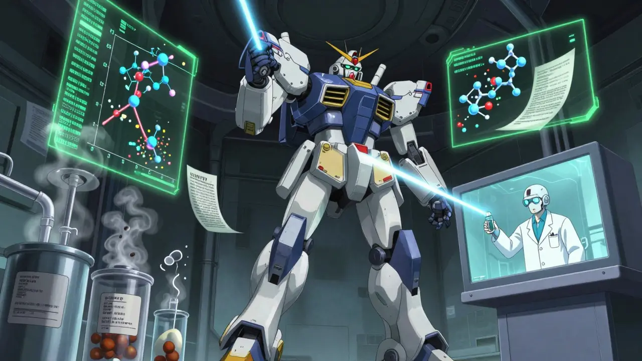 Massive HPLC mecha analyzes a degrading medication, projecting molecular breakdown with warning symbols.