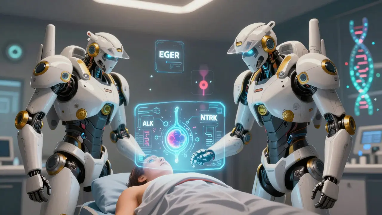 Medical mechs scan a tumor with holographic gene icons, highlighting targetable mutations.