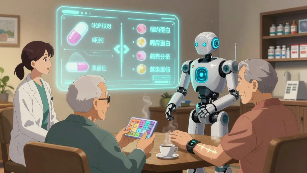 Medical team and robot projecting pill information to an elderly patient in a cozy home setting.