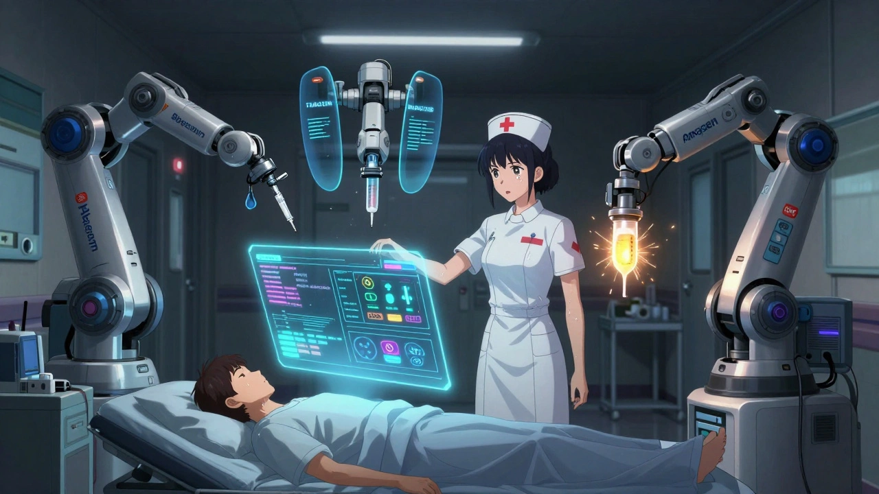 Nurse with robotic arms administering treatments beside a holographic blood count display