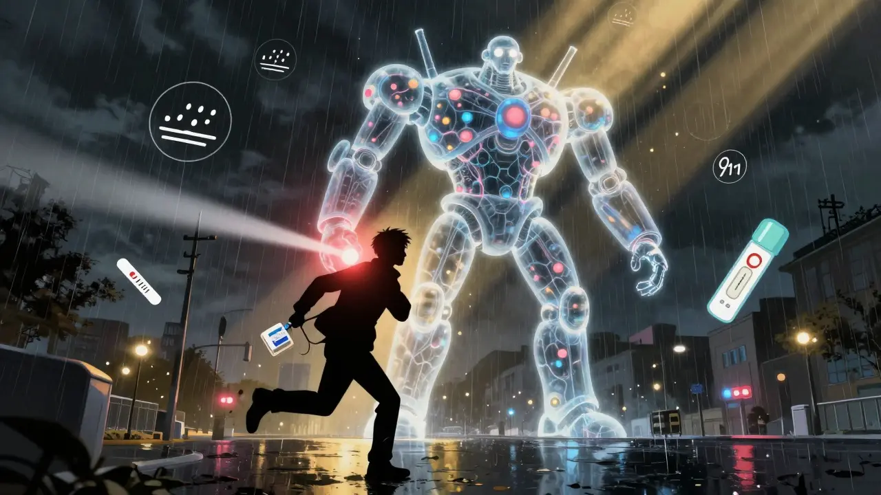 Parent running with naloxone as a giant robot of medical knowledge rises behind them.