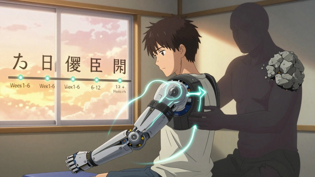 Patient in exoskeleton rehab with glowing movement trails and recovery timeline