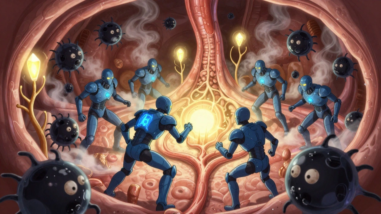 Probiotic warriors battling endotoxin monsters inside a glowing portal vein with fiber roots lighting the way.