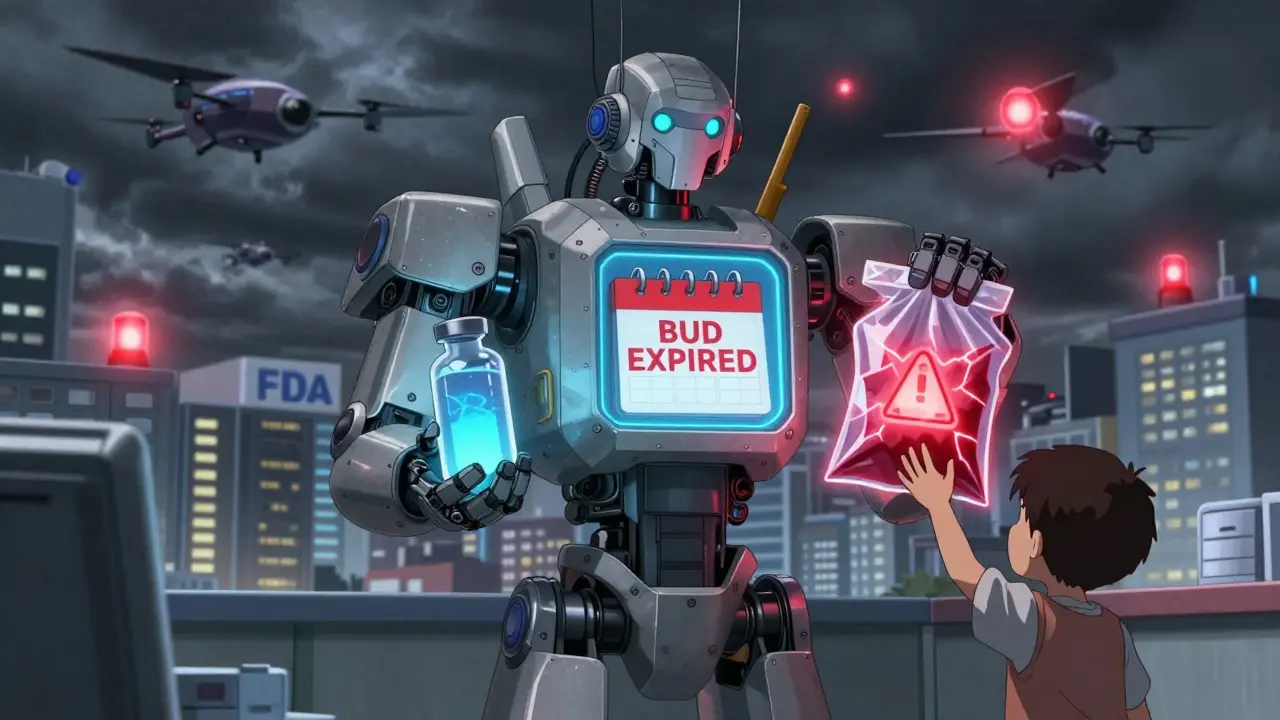 Robot pharmacy unit displays expired BUD warning, contrasting safe glass vial with dangerous plastic bag.