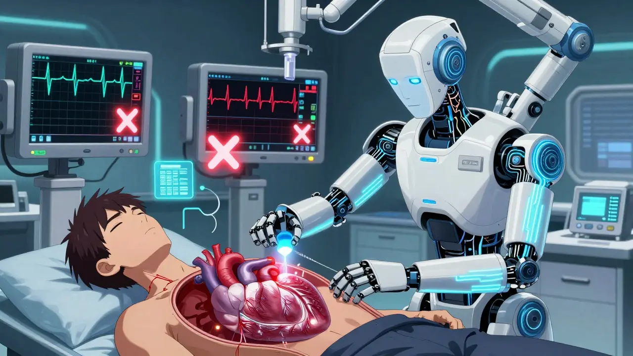 Robotic doctor giving magnesium IV to a patient with a twisting heart, surrounded by flagged drug icons.