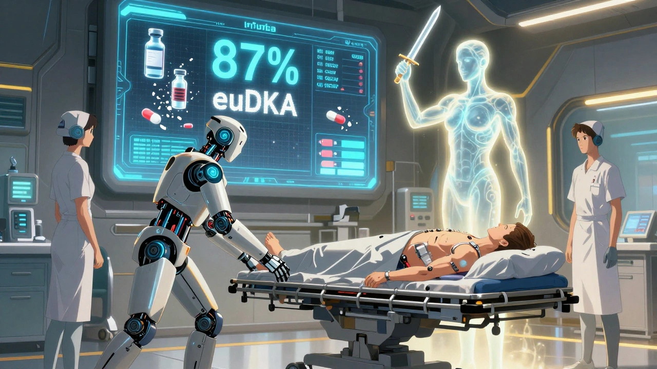 Robotic nurses scan patients as a digital risk model flashes, one patient being pulled away from a gurney with broken insulin vials.
