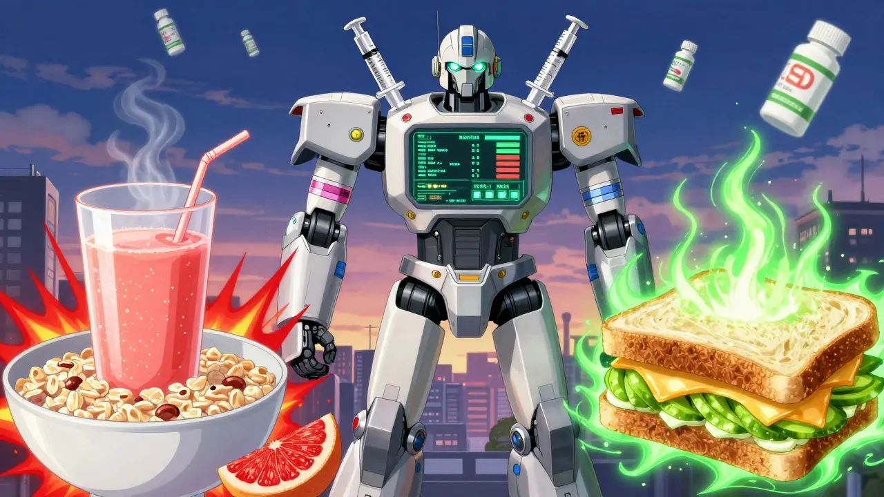 Robotic pharmacist standing between dangerous grapefruit juice and healing sandwich, data glowing on chest.