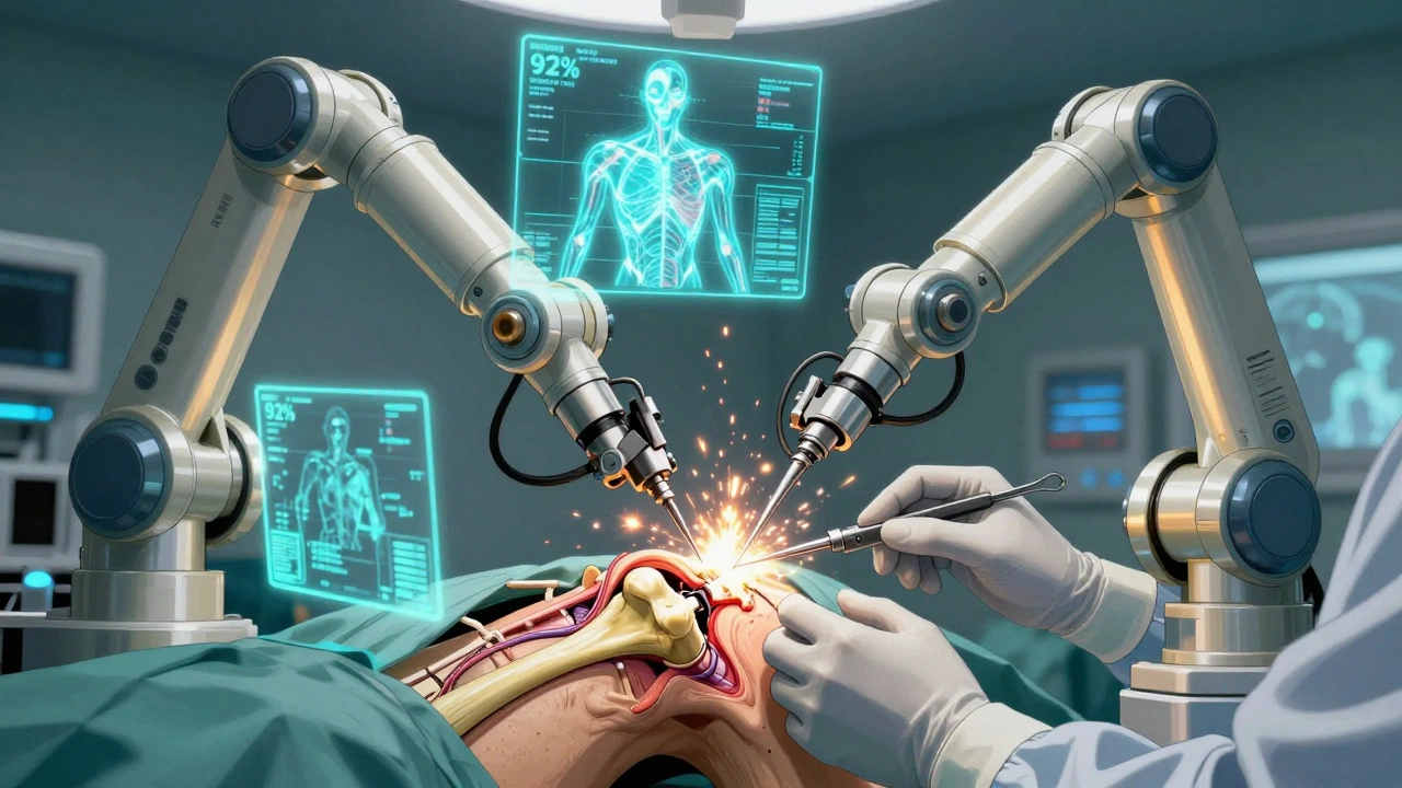 Robotic surgical arms repairing a torn tendon with holographic data in neon lights