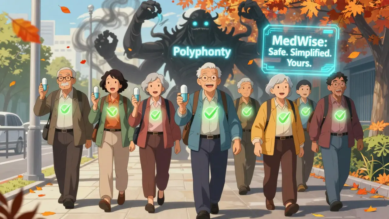 Seniors walking confidently with glowing safe pills, behind them a fading polypharmacy monster dissolving into smoke.