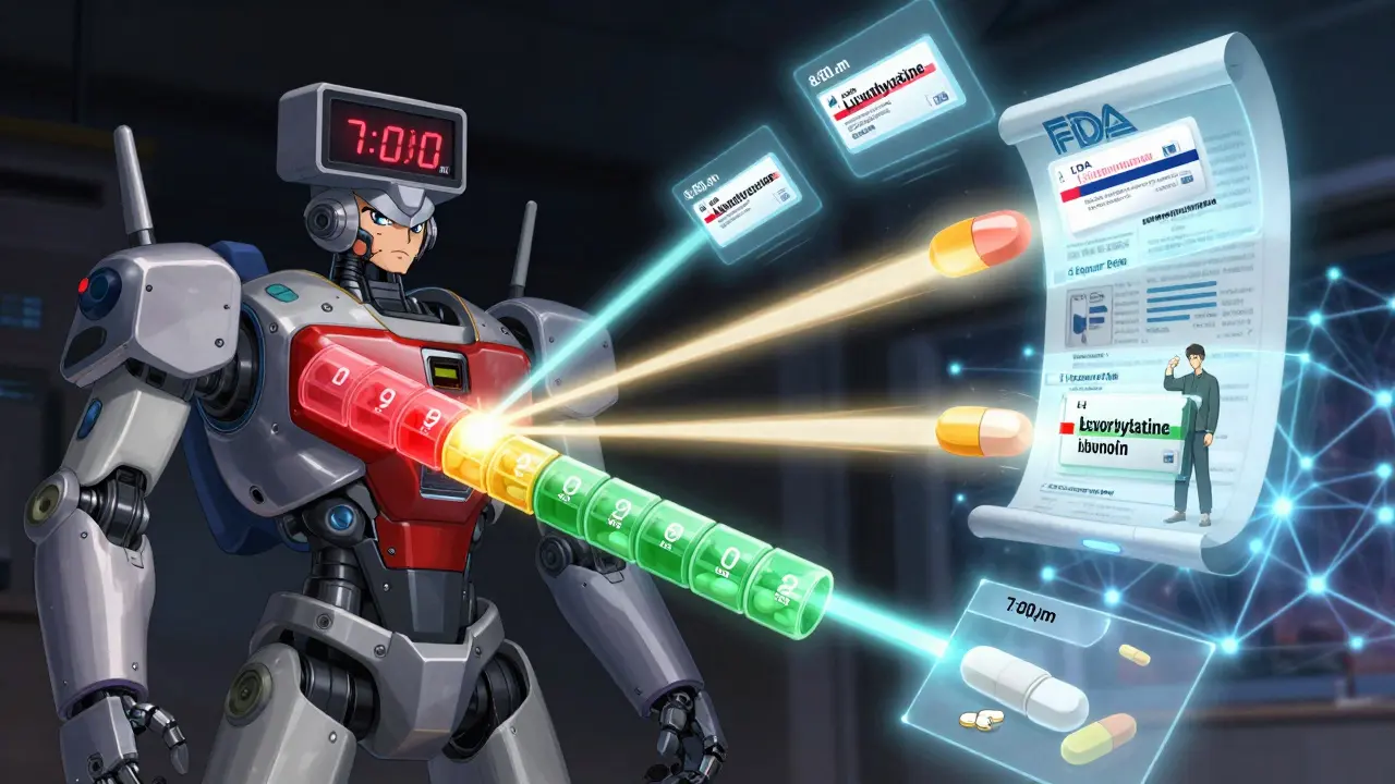 Smart pill organizer arm firing energy beams at a person taking meds at different times of day.