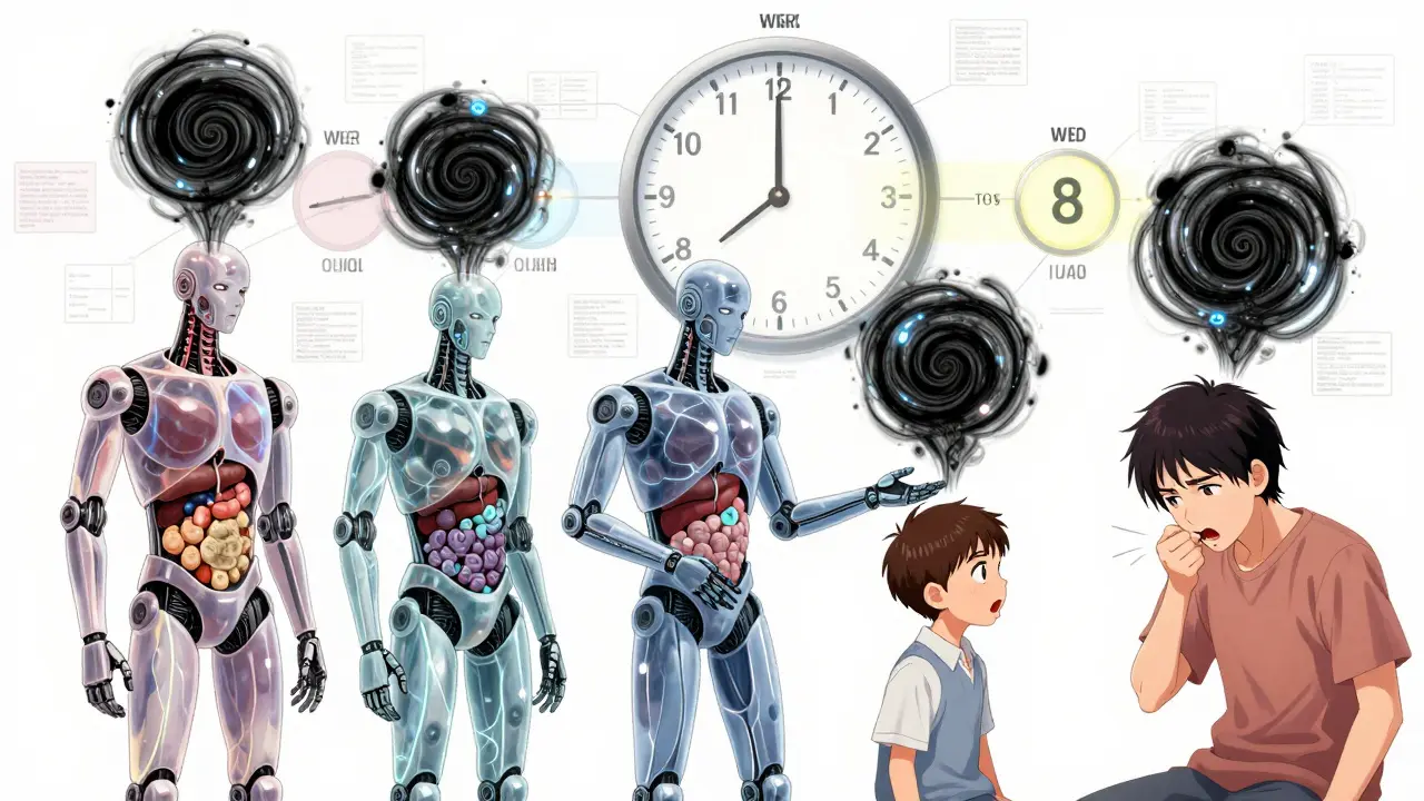Three robot doctors represent GERD, asthma, and UACS as they confront a patient’s cough vortex.