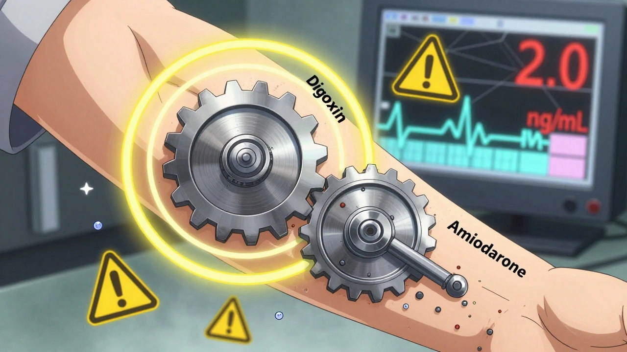 Transparent arm showing digoxin and amiodarone gears locking, with toxic symbols and a dangerous blood level reading.
