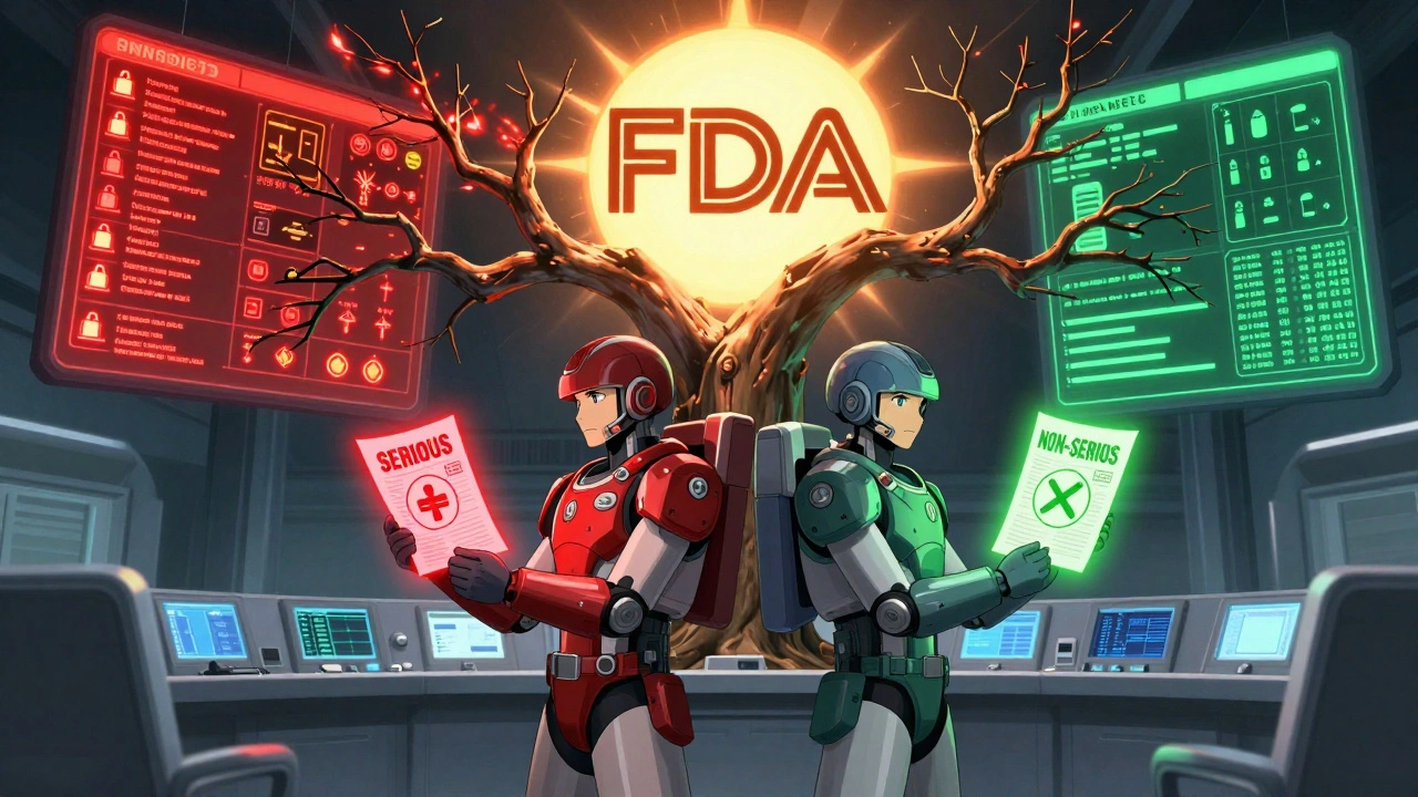 Two analysts stand before a glowing tree splitting serious and non-serious event reports.