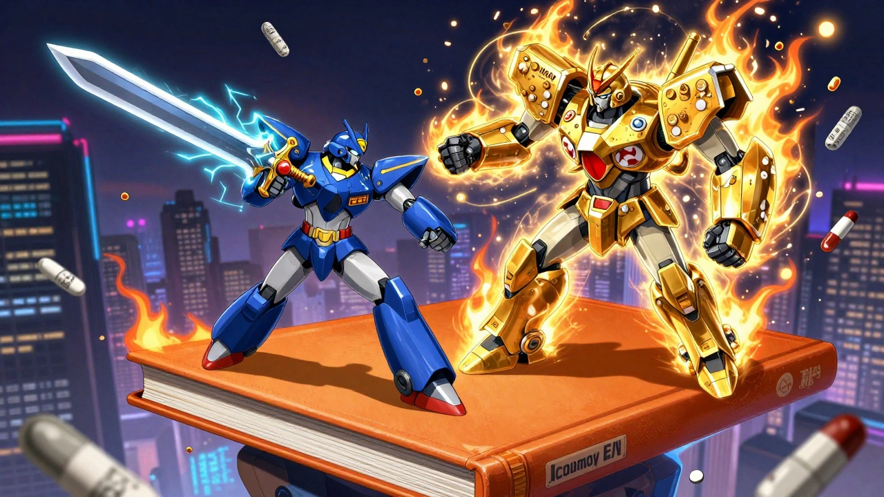 Two robots duel atop the Orange Book, one wielding a Paragraph IV sword, the other armored in patent pills.