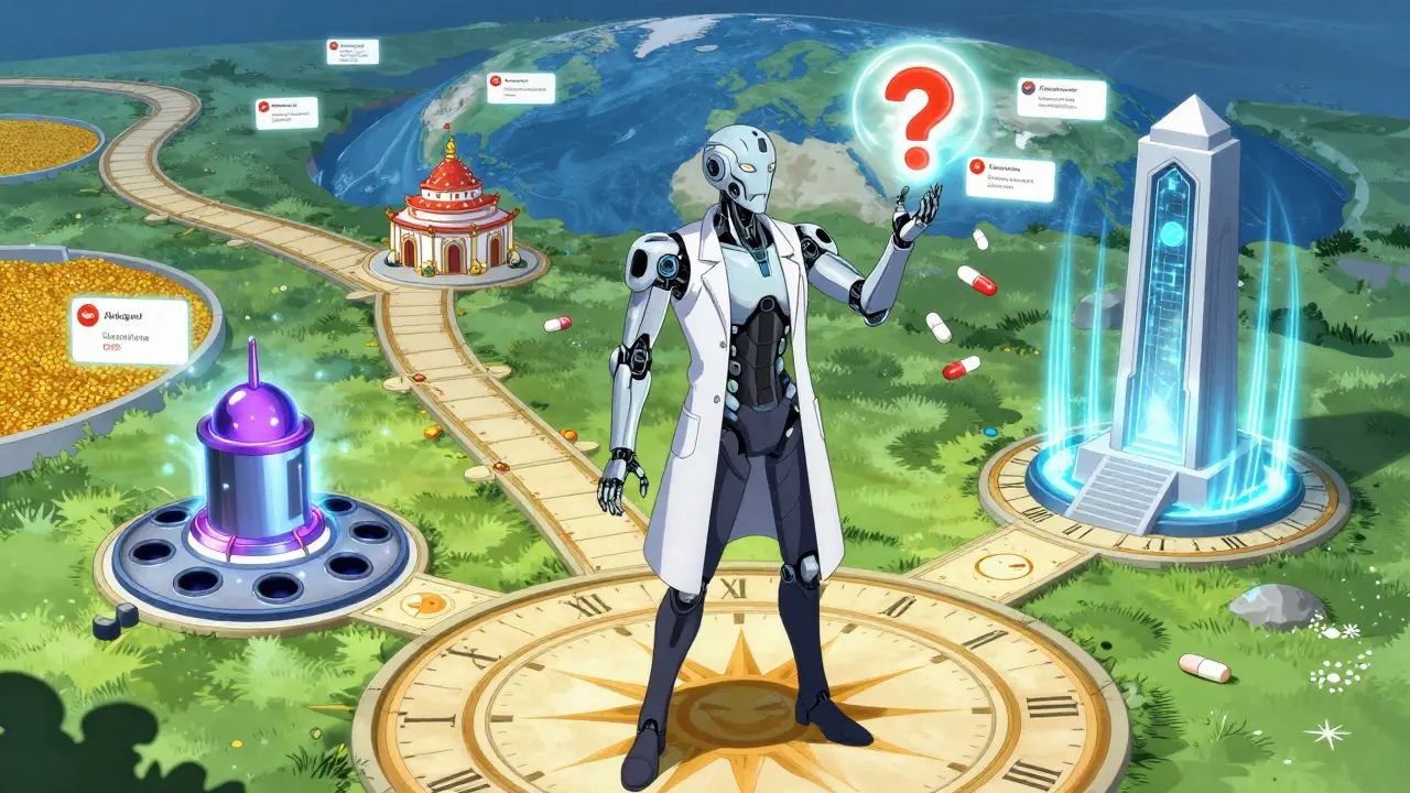 A biomechanical figure chooses between allergy treatment paths marked by symbols.