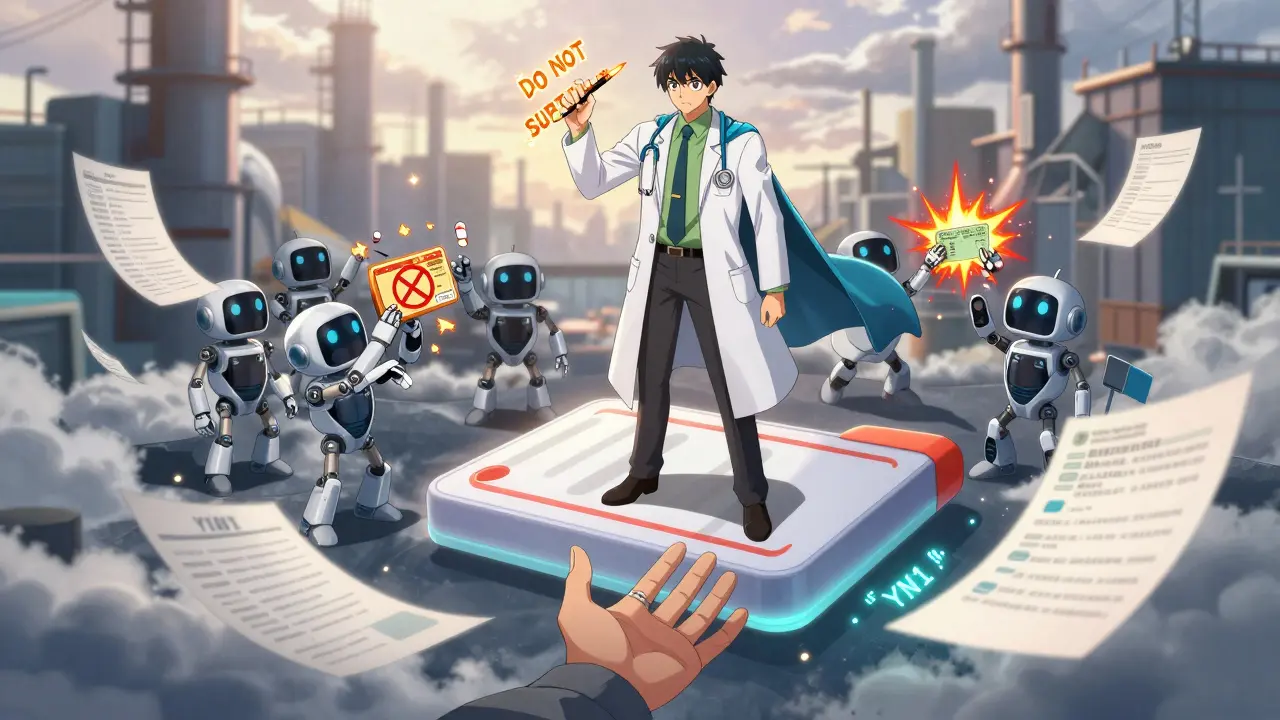 A doctor writes 'DO NOT SUBSTITUTE' in fire as robot pharmacists try to swap pills, with a banned copay card exploding.