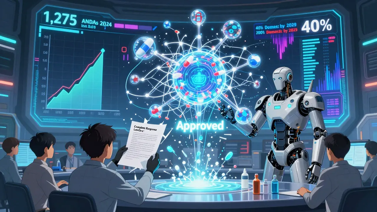 A futuristic AI neural net in an FDA control room beams an 'Approved' signal to a manufacturer, while holographic drug molecules float above and rising data graphs glow in the background.