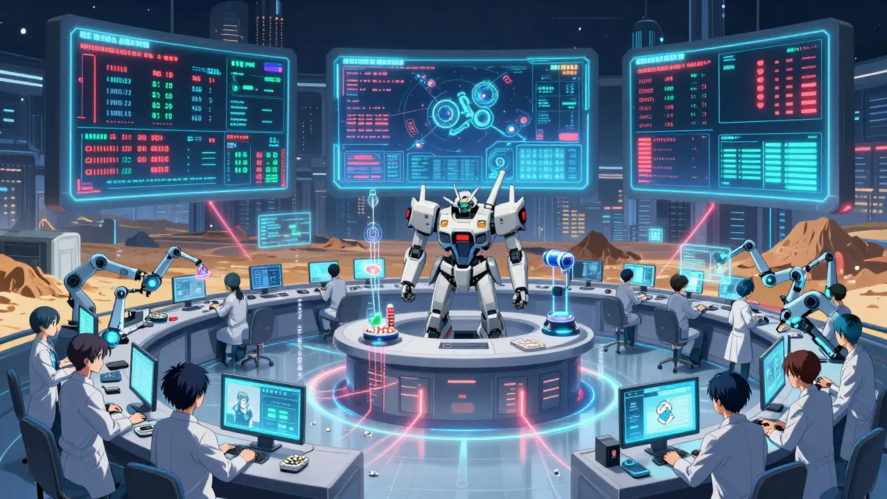 A futuristic control hub connects remote clinics via glowing data streams as robotic arms sort medications in a neon-lit city.