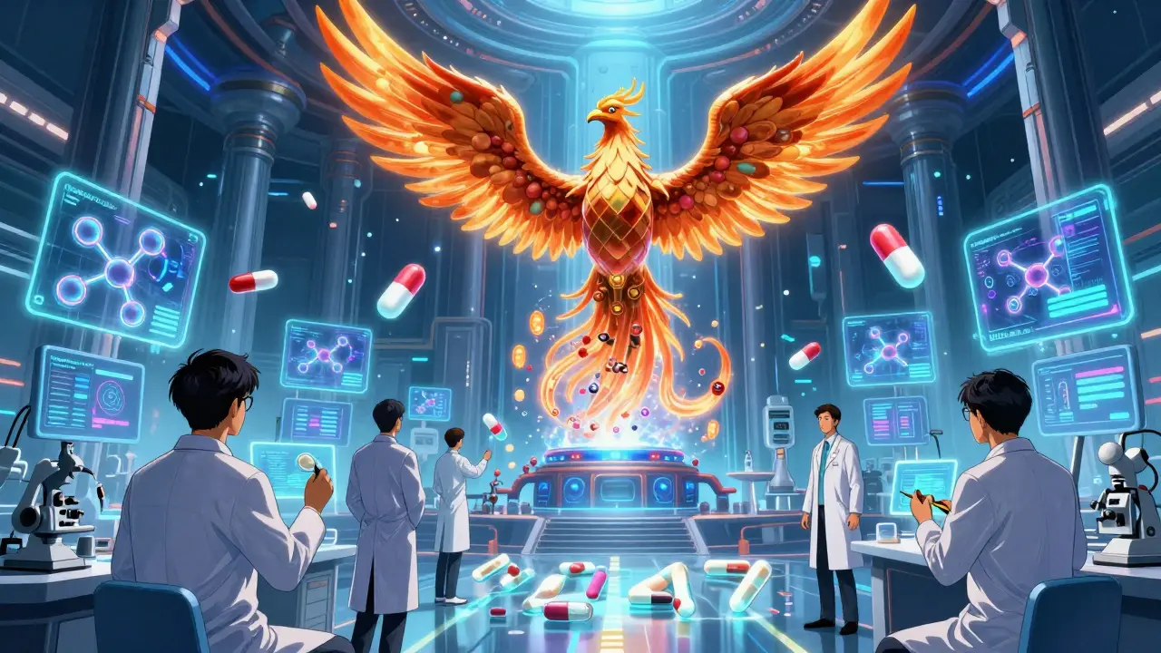 A futuristic lab where a phoenix-shaped biosimilar rises as India transitions to advanced medicine innovation.