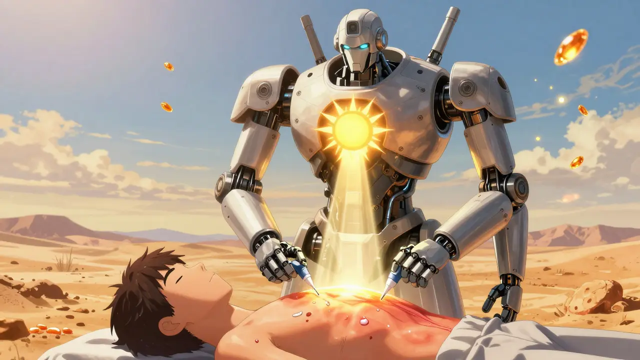 A giant robot projects sunscreen light over a healed scar, while applying petroleum jelly with precision tools.