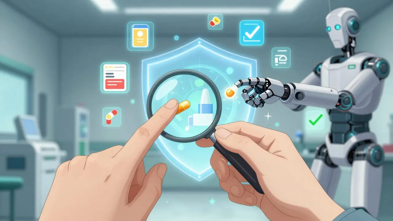 A hand inspects a pill under a holographic lens while digital icons of meds and side effects swirl around in a cyberpunk pharmacy setting.