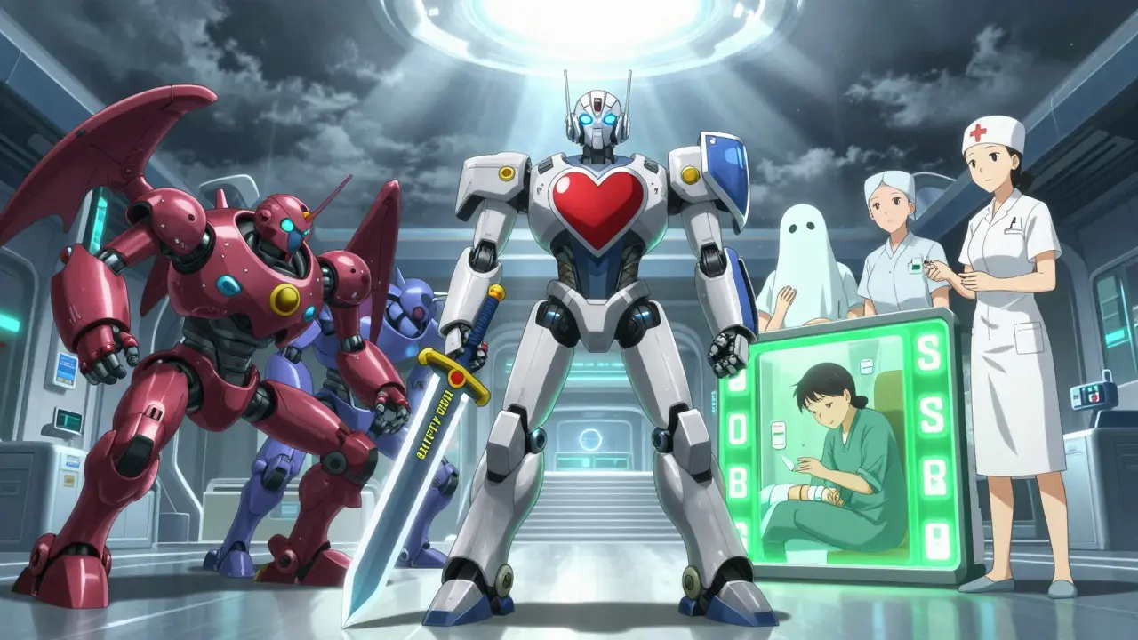 A heroic medical robot protecting a patient from dangerous opioid drones, with morphine safely administered in the background.