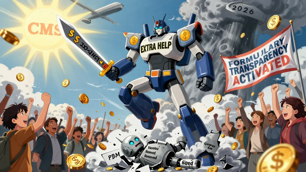 A heroic robot named 'Extra Help' destroys cost barriers as golden coins of affordable meds rain down on grateful people.