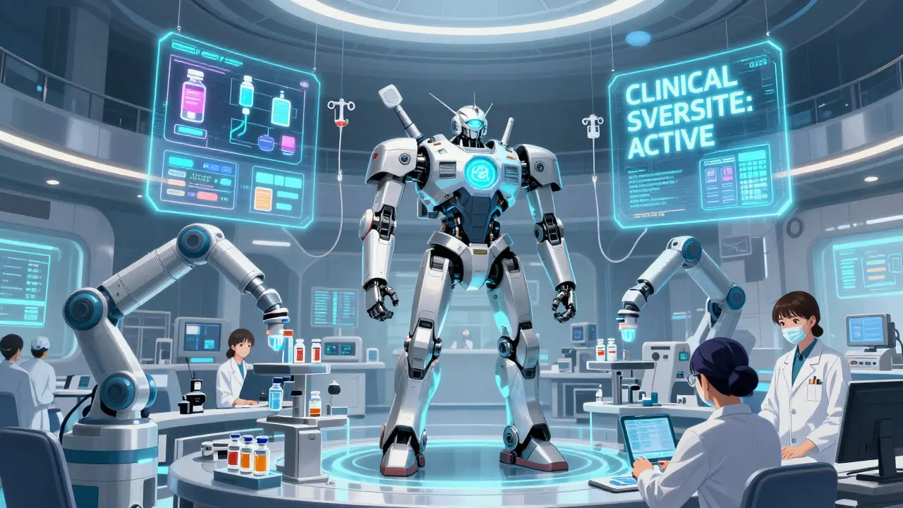 A high-tech hospital pharmacy robot team managing drug substitutions with holographic medical data and EHR alerts.