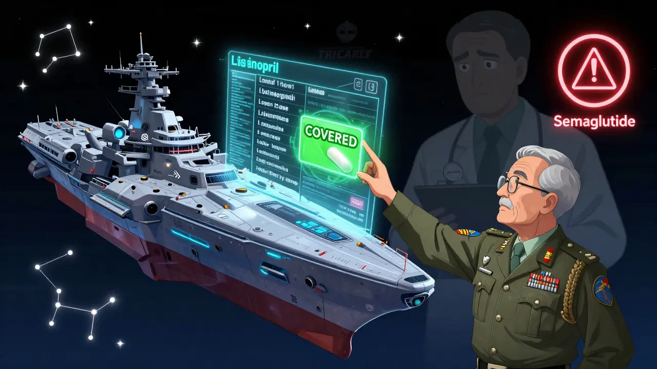 A holographic formulary terminal glows with covered and denied drugs, as a retiree touches a green-lit generic pill.