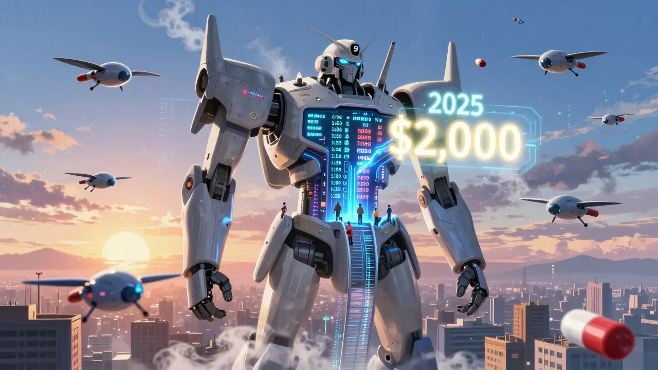 A massive AI formulary engine glows above a city, with beneficiaries climbing toward a 2025 ,000 drug cost cap.