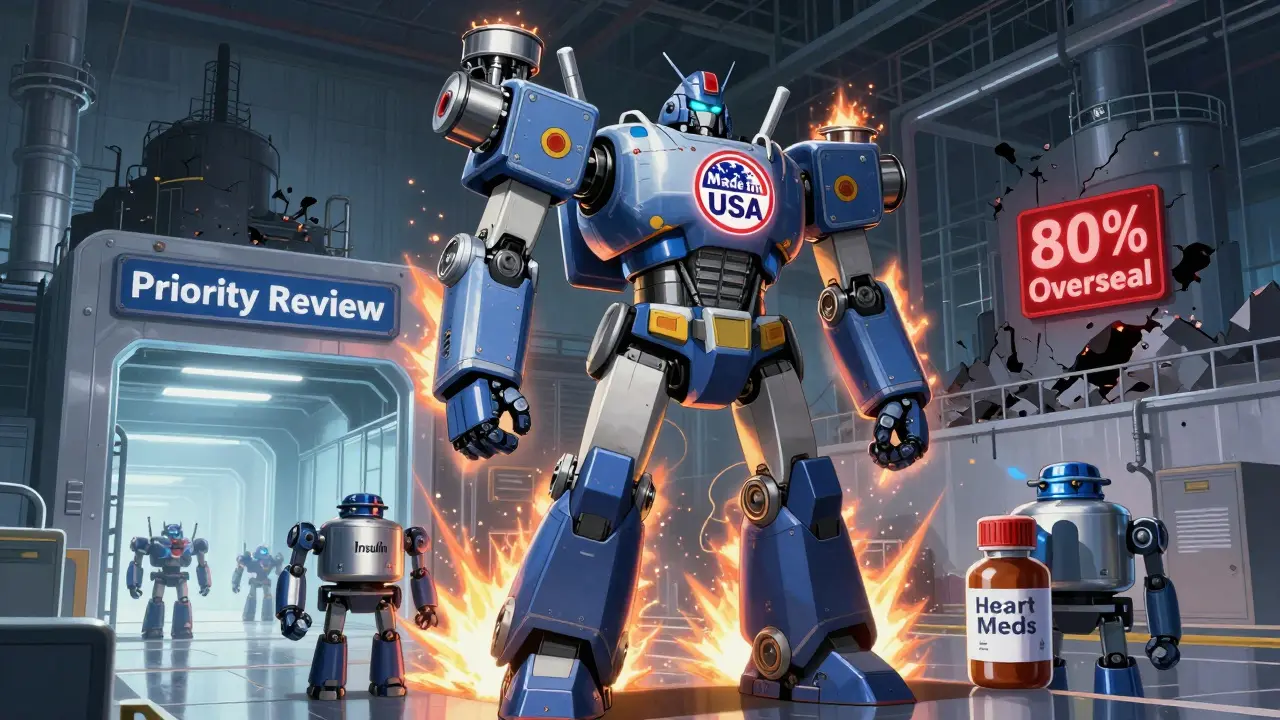 A massive U.S. manufacturing robot with pill presses and API reactors stands proudly in a bright factory, surrounded by vials of critical medicines and a crumbling overseas factory in the distance.