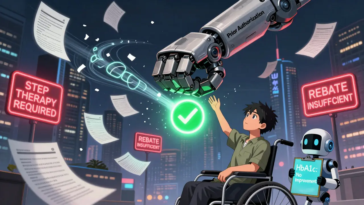 A mechanical arm crushes a prescription while a patient reaches for a glowing appeal button amid floating medical notes.