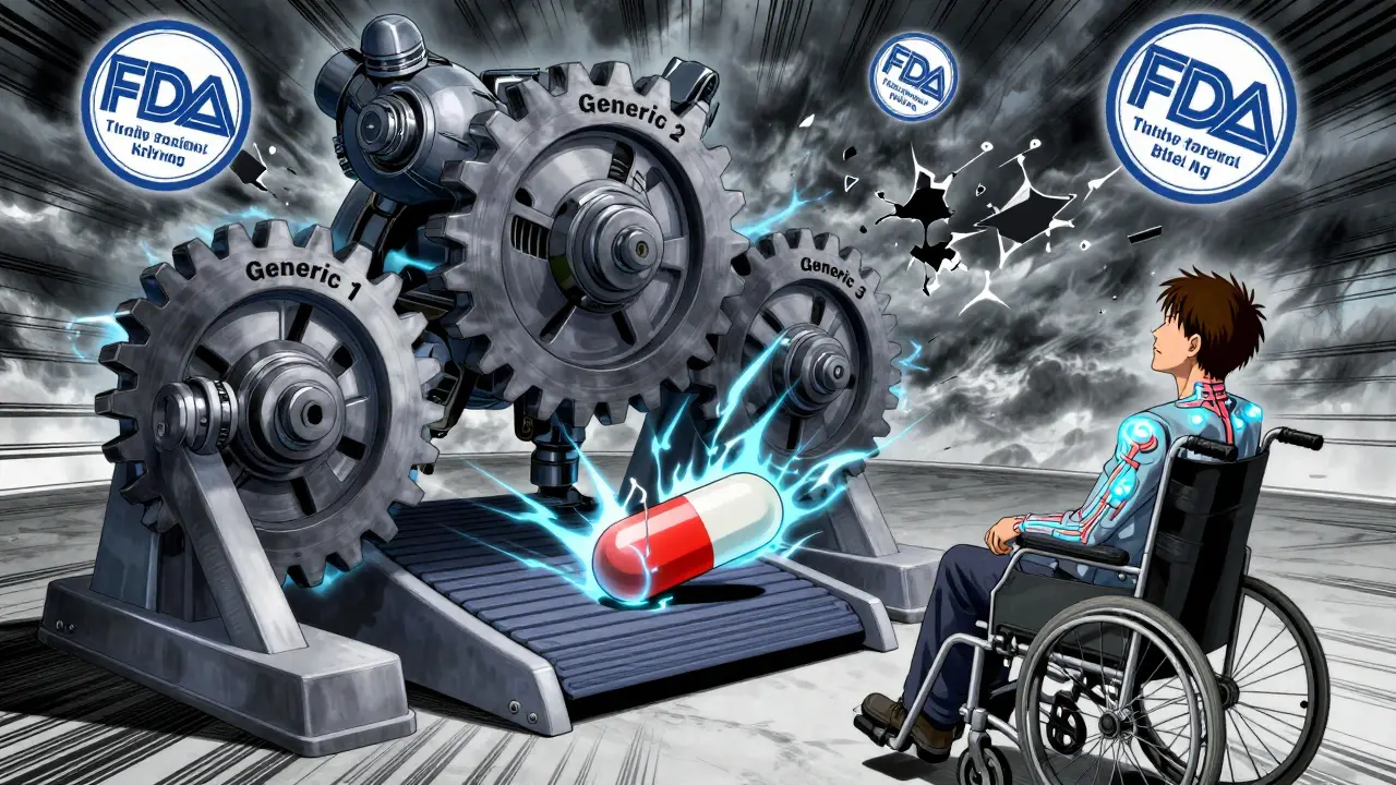 A mechanical step-therapy machine crushes a brand-name pill as a patient with warning lights watches helplessly.