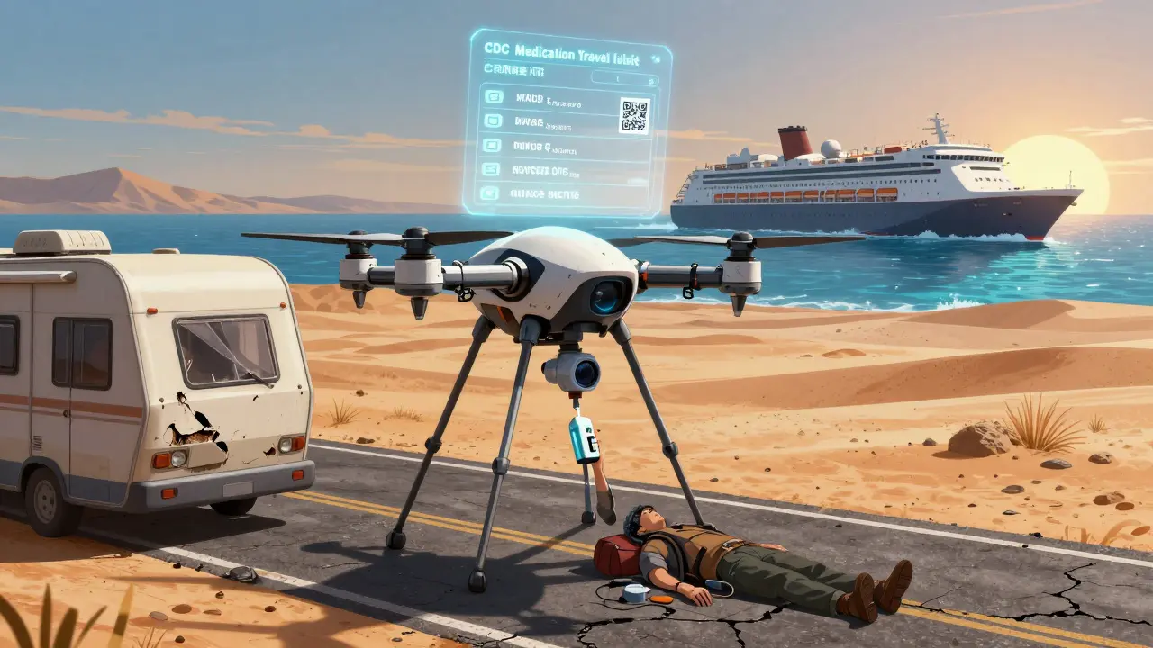 A medical drone delivers insulin to a stranded traveler under a holographic travel checklist.