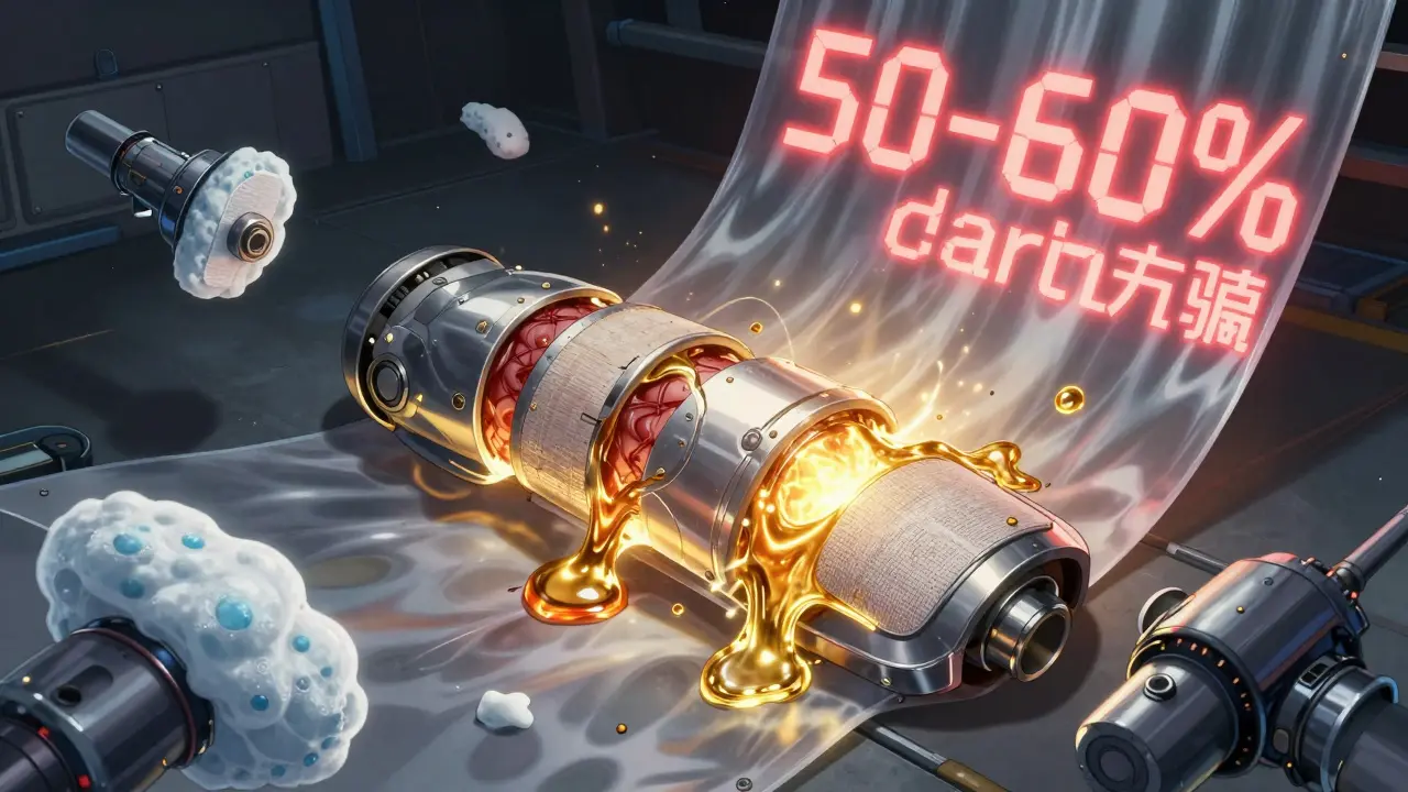 A metallic dressing seals a wound with glowing gel, surrounded by floating medical tech in a cyberpunk lab.