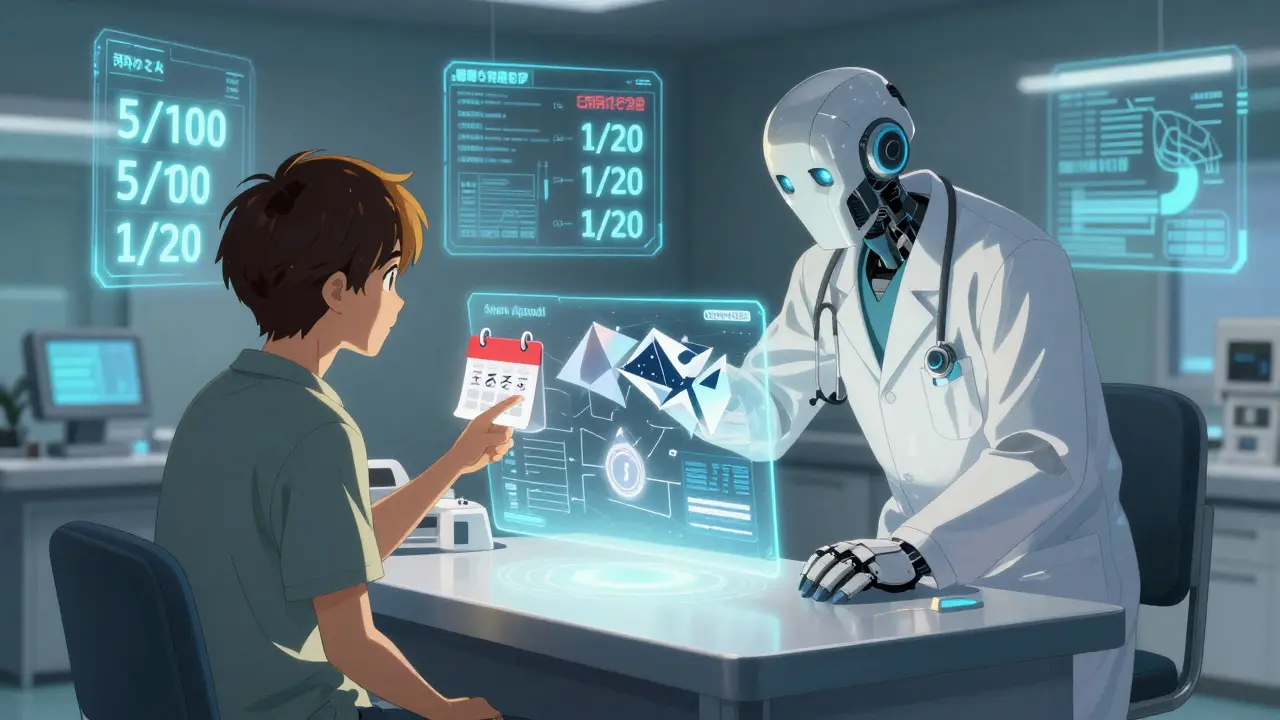 A patient and robot doctor review floating risk numbers and a SHARE Approach flowchart in a high-tech clinic.