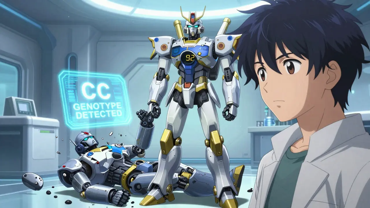 A patient beside a pravastatin mech suit, standing over a defeated simvastatin robot, with glowing gene fragments in the air.