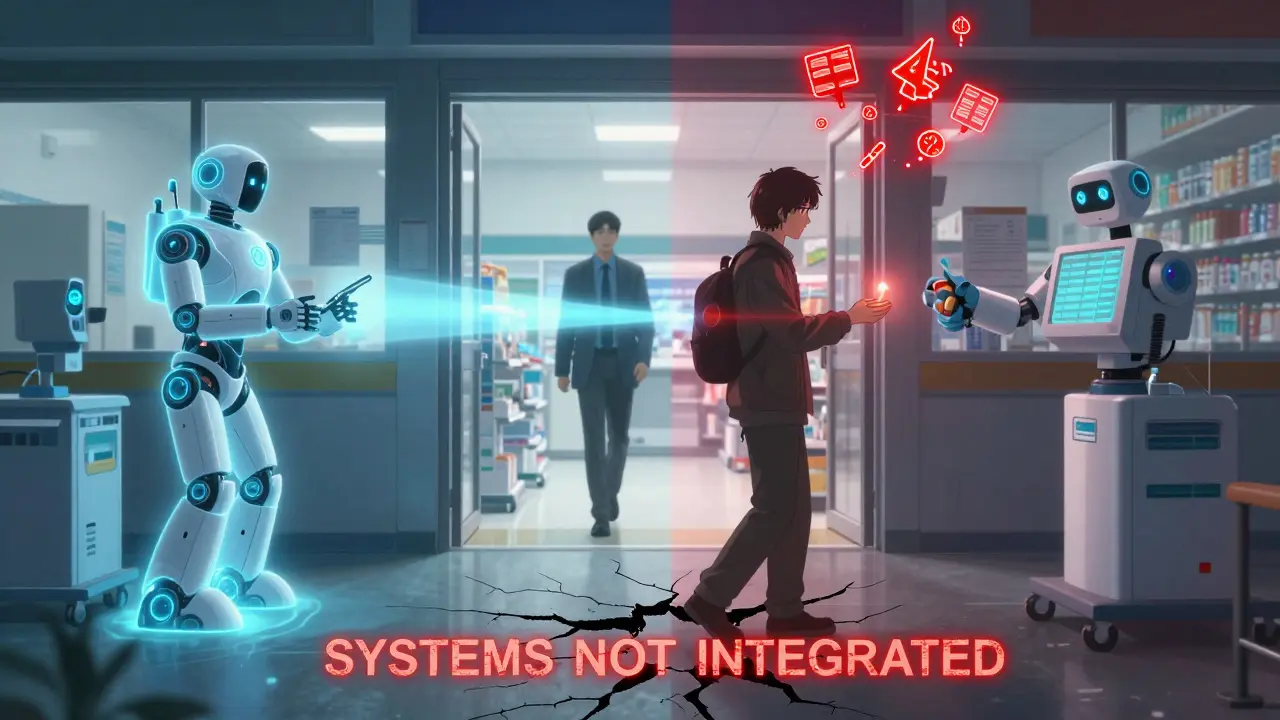 A patient caught between hospital and retail pharmacy systems, with data beams and mismatched pills symbolizing communication gaps.
