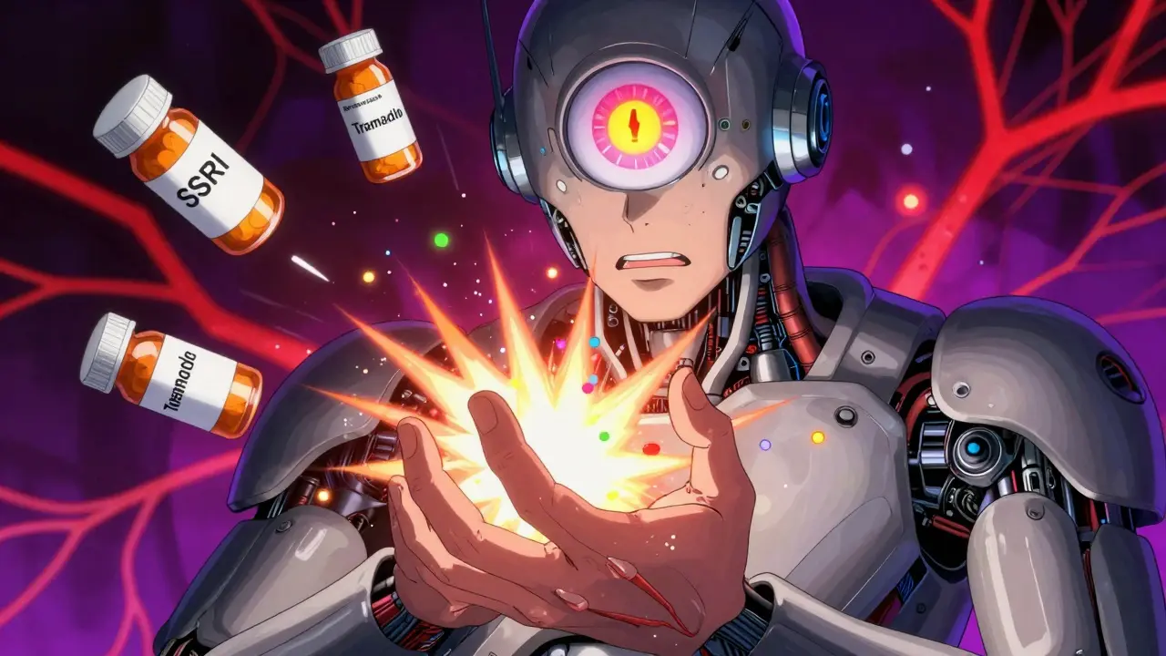 A patient’s hand emitting serotonin pulses, surrounded by floating prescription icons and a glowing warning eye.