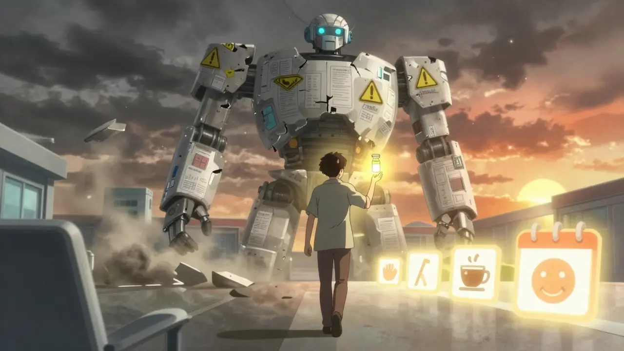 A patient walks toward a bright path of daily life icons as crumbling medical warning signs fade behind them.