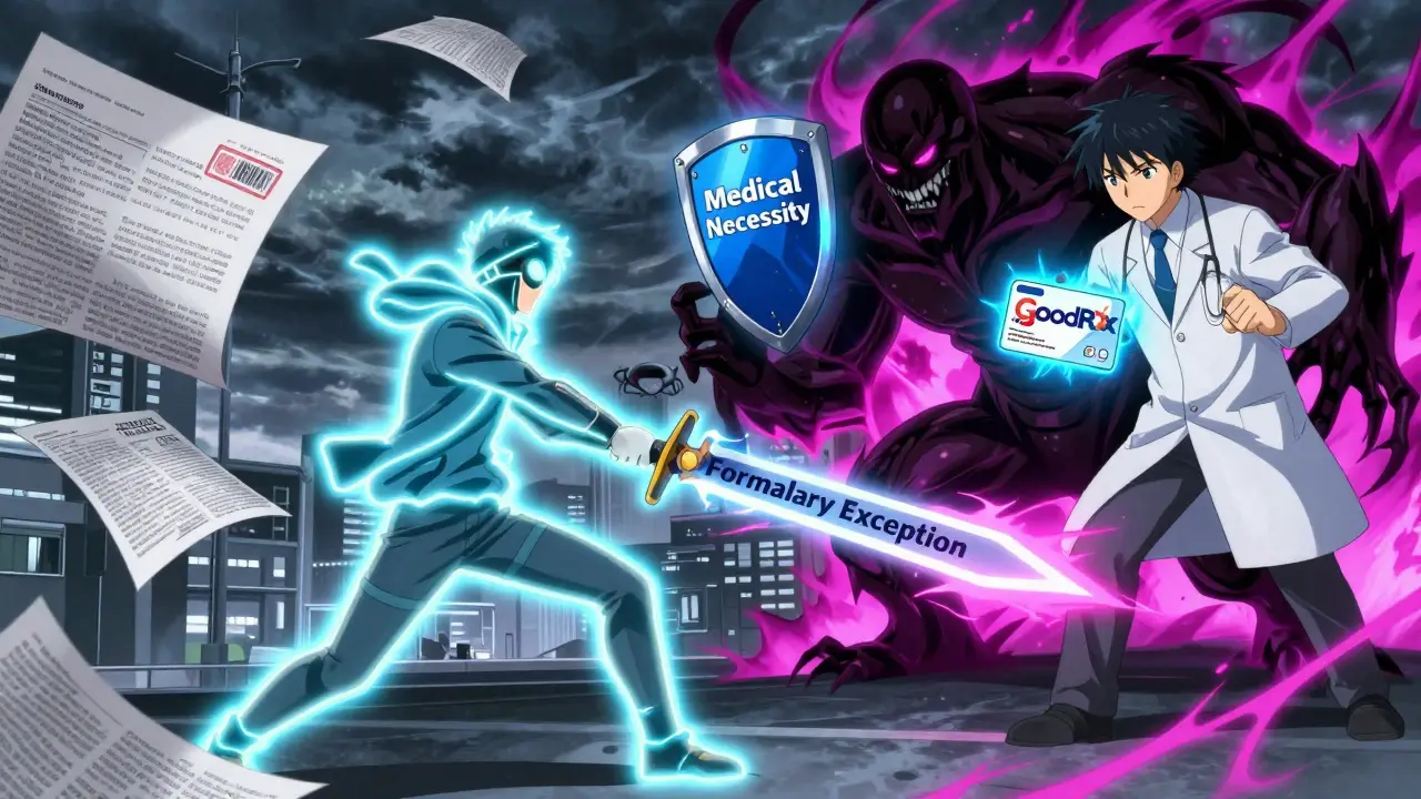 A patient warrior fights a paperwork monster using a 'Formulary Exception' sword, with a doctor aiding them.