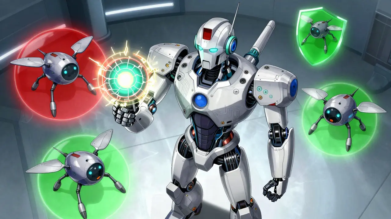 A pharmacist robot scanning a patient’s genetic code while statin drones float around in contrasting safe and danger zones.