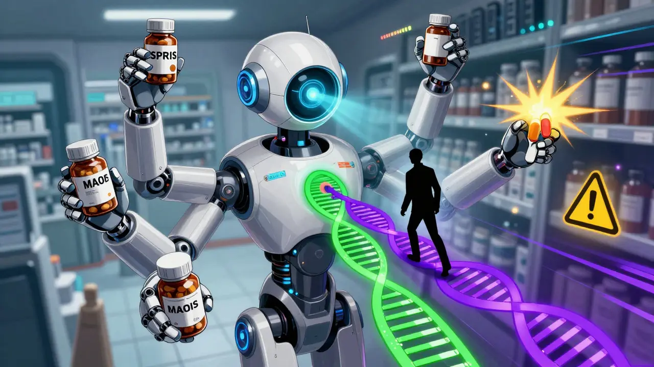A pharmacy robot scanning a patient's DNA, showing a dangerous drug interaction path glowing purple with warning lights.