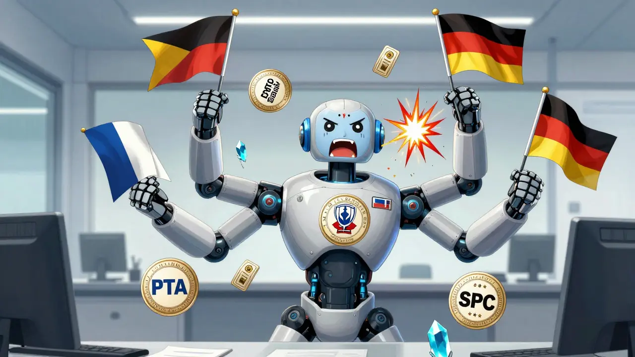 A robot juggles patent extension tokens and maintenance fees, dropping one that triggers an explosion.