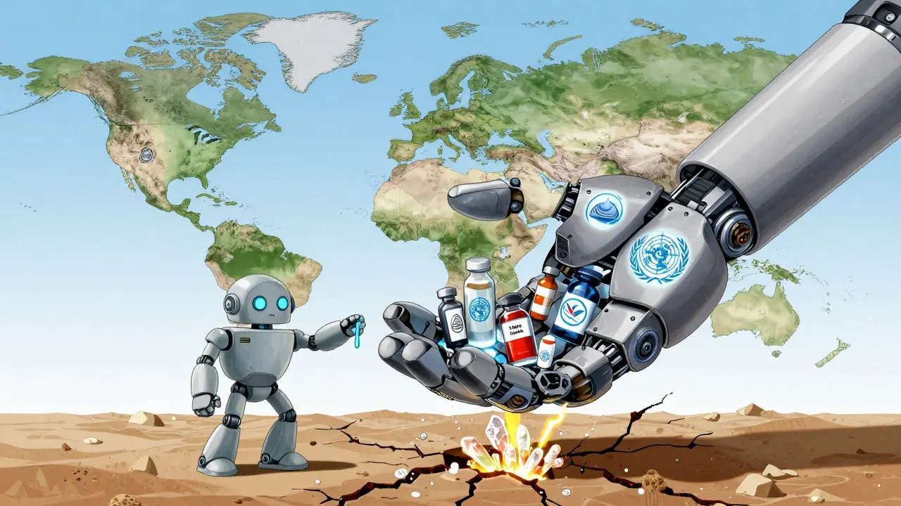 A robotic hand delivering life-saving drugs across continents with WHO and FDA seals on its palm.