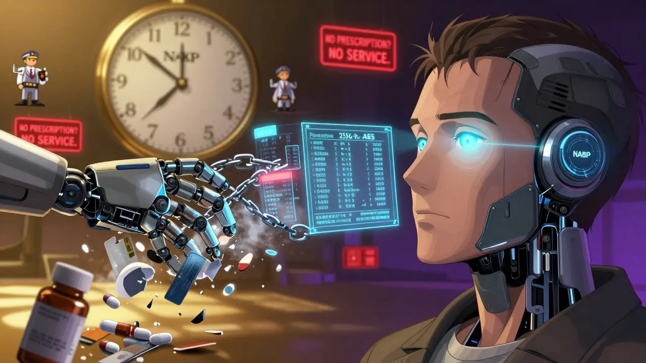 A robotic hand scans a patient's face while medical data transforms into secure encryption.