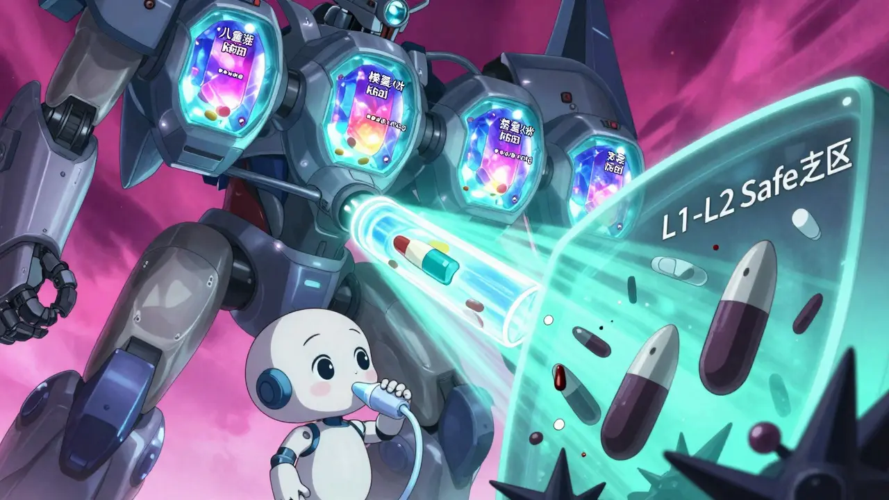 A robotic milk transporter filters medications using four crystalline cores, blocking dangerous drugs with a safety shield.