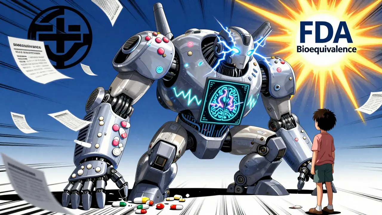 A seizure-response robot shields a patient from denial notices, with EEG waves and MRI patterns glowing on its body.